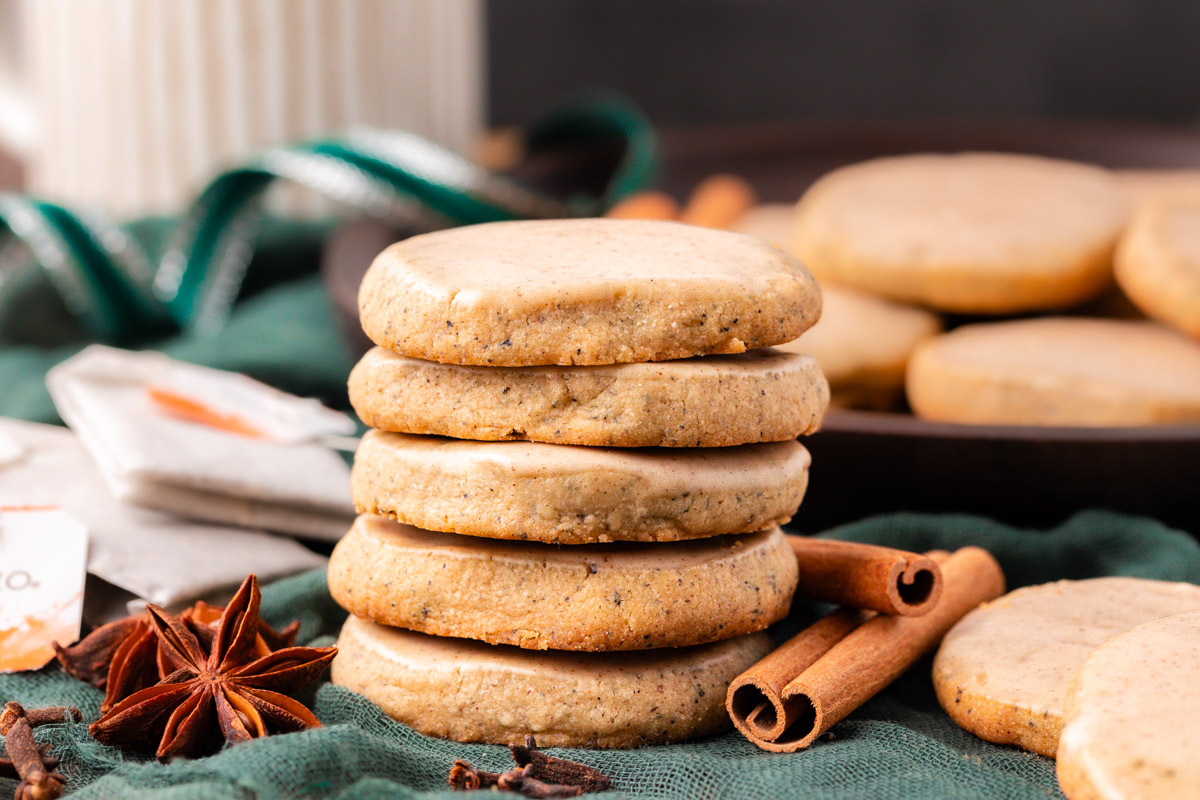 Close up of a stack of chai shortbread cookies.