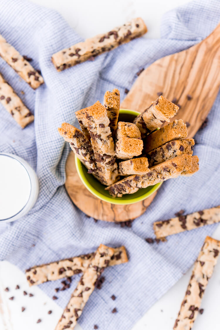 Chocolate Chip Cookie Sticks are a fun twist on classic chocolate chip cookies and the perfect dessert for dipping! A thick, slightly crisp, yet still chewy cookie loaded with chocolate chips and made in a 9 x 13-inch pan for easy baking!