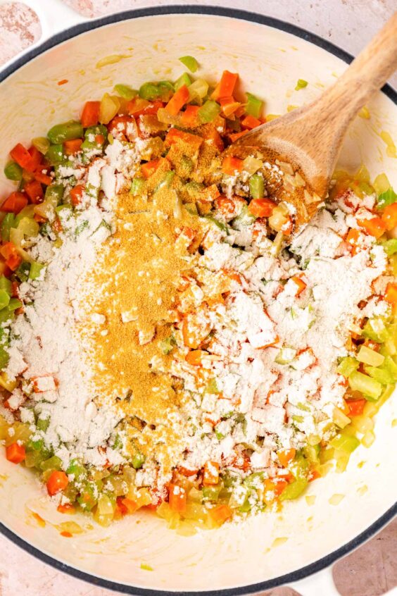 Flour and mustard powder in a pot with mise en place.