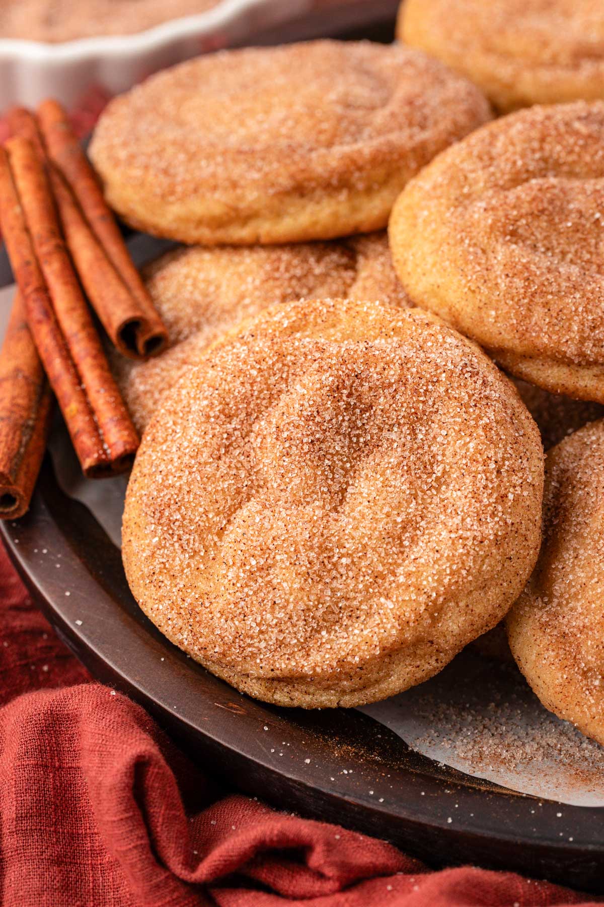 Close up of a plate of big snickerdoodle cookies.