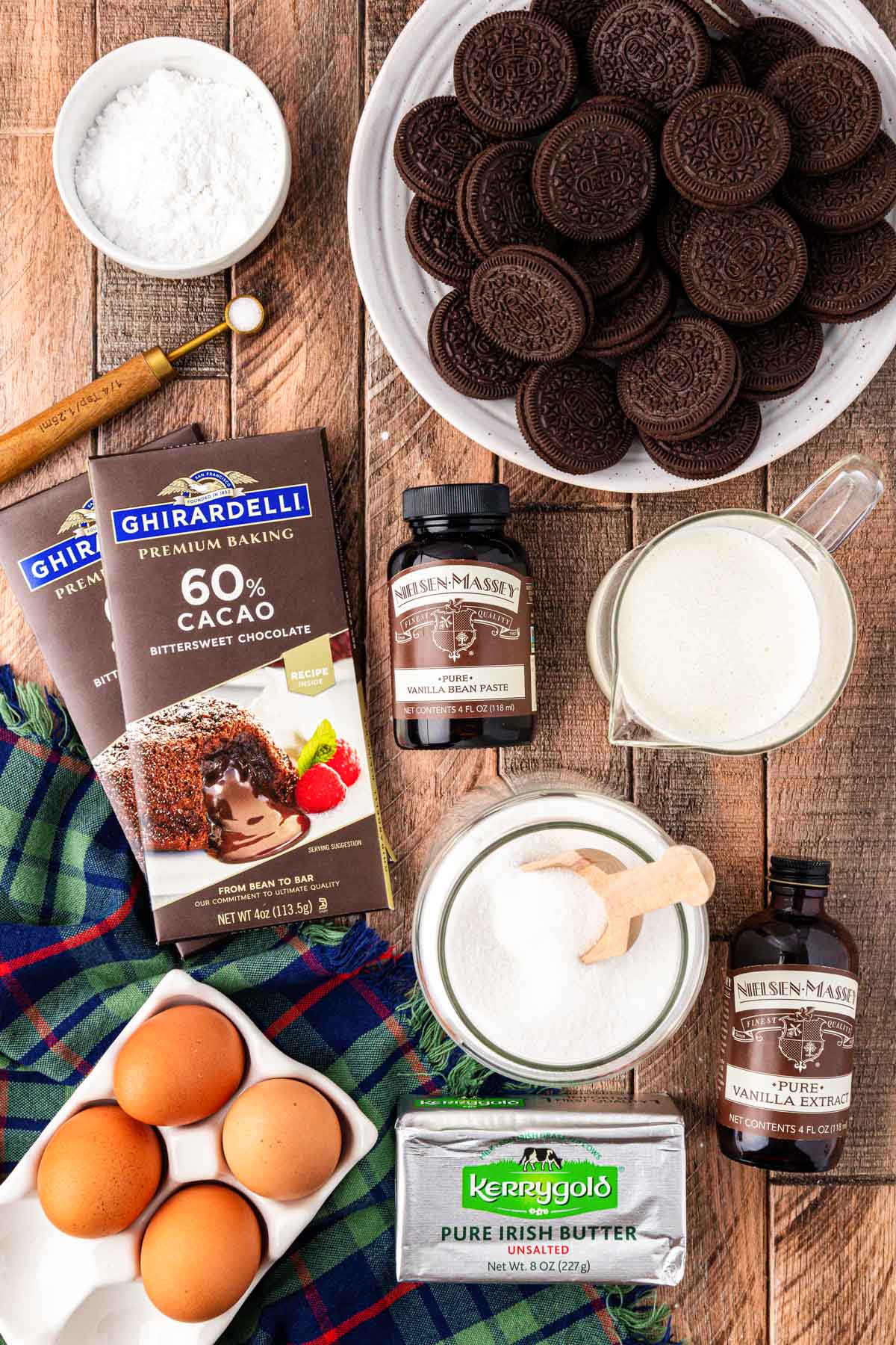 Overhead photo of ingredients to make French Silk Pie on a wooden table.