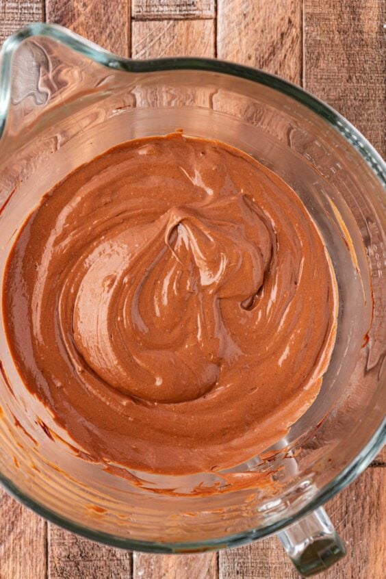 Chocolate pie mixture in a mixing bowl.