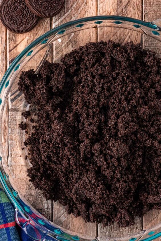 Overhead photo of a bowl of Oreo crumbs.