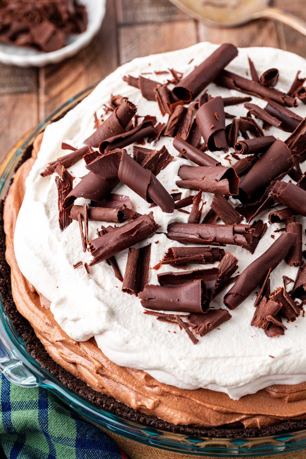 Close up of a French Silk Pie on a wooden table.