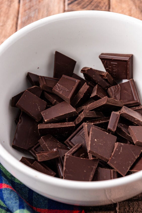 Chocolate bars in a white bowl.