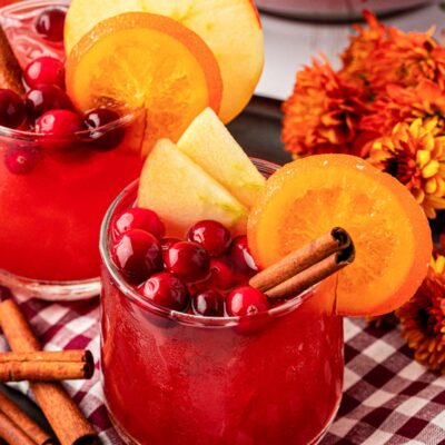 Close up of a glass filled with Thanksgiving punch and garnishes.