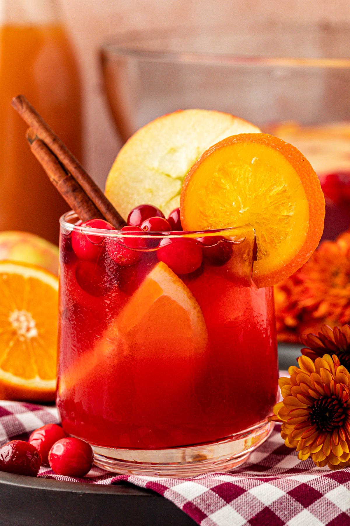 Close up of a glass filled with Thanksgiving punch and garnishes.