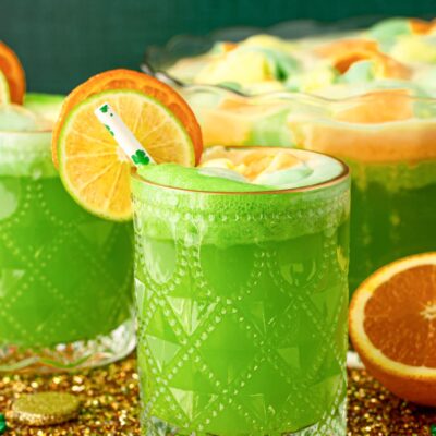 Close up of a glass filled with green punch for St. Patrick's Day.