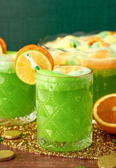 Close up of a glass filled with green punch for St. Patrick's Day.