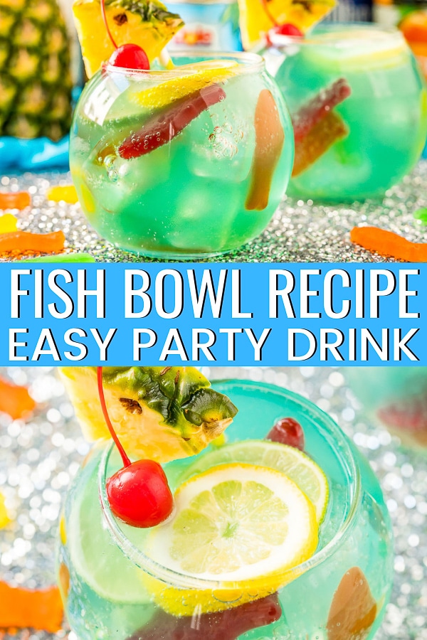 This Fish Bowl Drink is a fruity party cocktail that’s served in a fishbowl and made with 4 different kinds of alcohol! via @sugarandsoulco