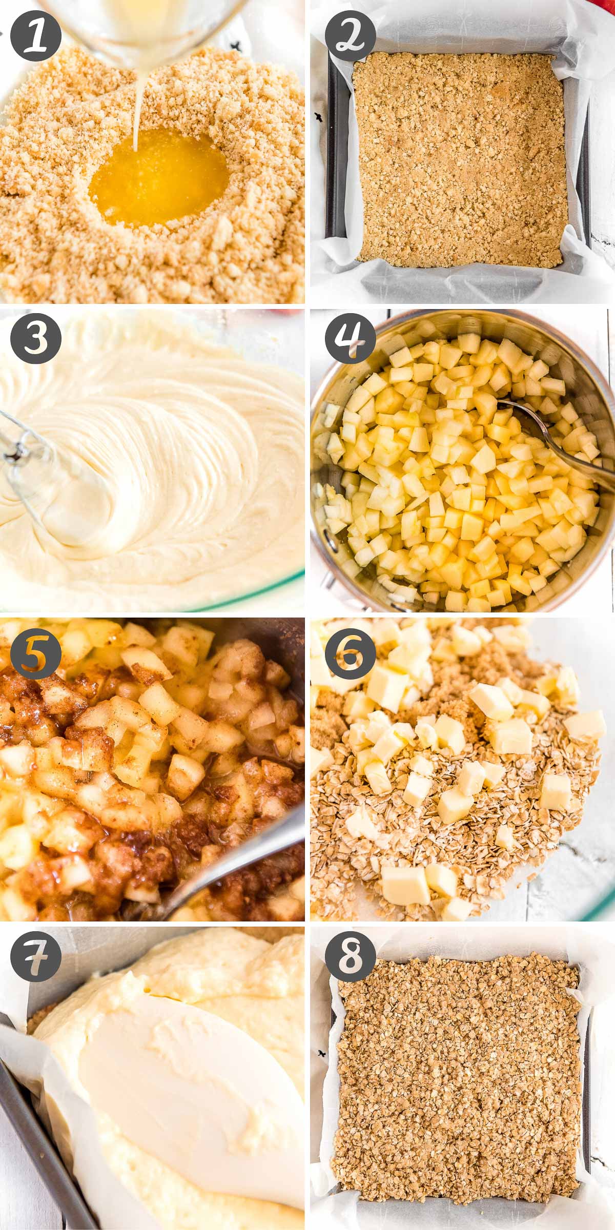 Photo collage with step-by-step photos showing how to make apple cheesecake bars.