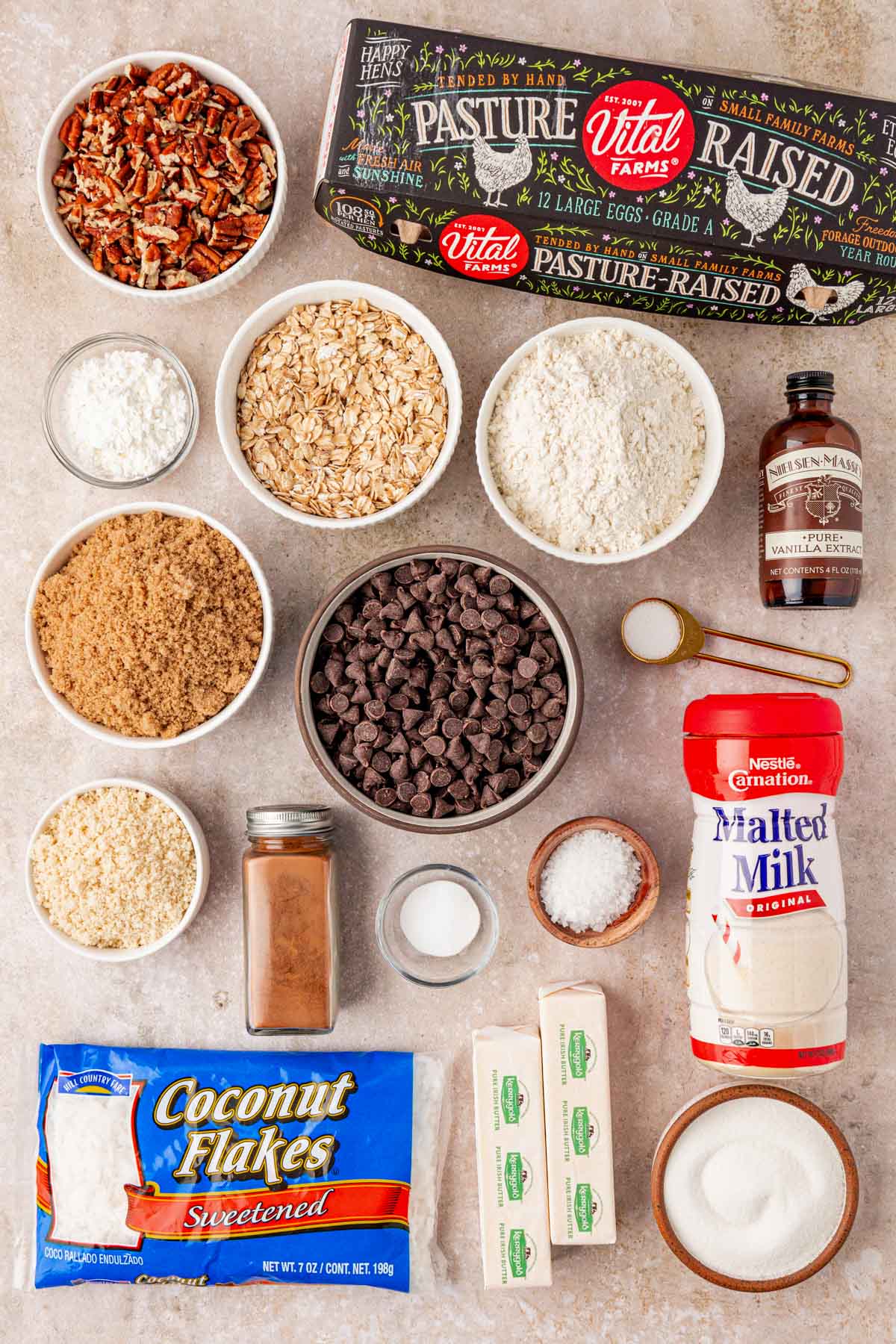 Ingredients to make cowboy cookies on a table.