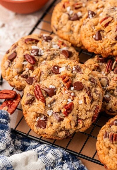 Cowboy Cookies on a wire rack.