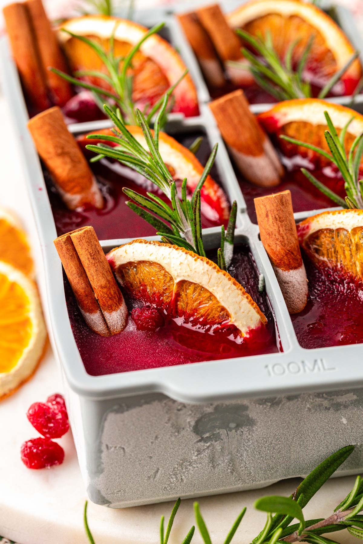 Christmas ice cubes frozen in a tray.