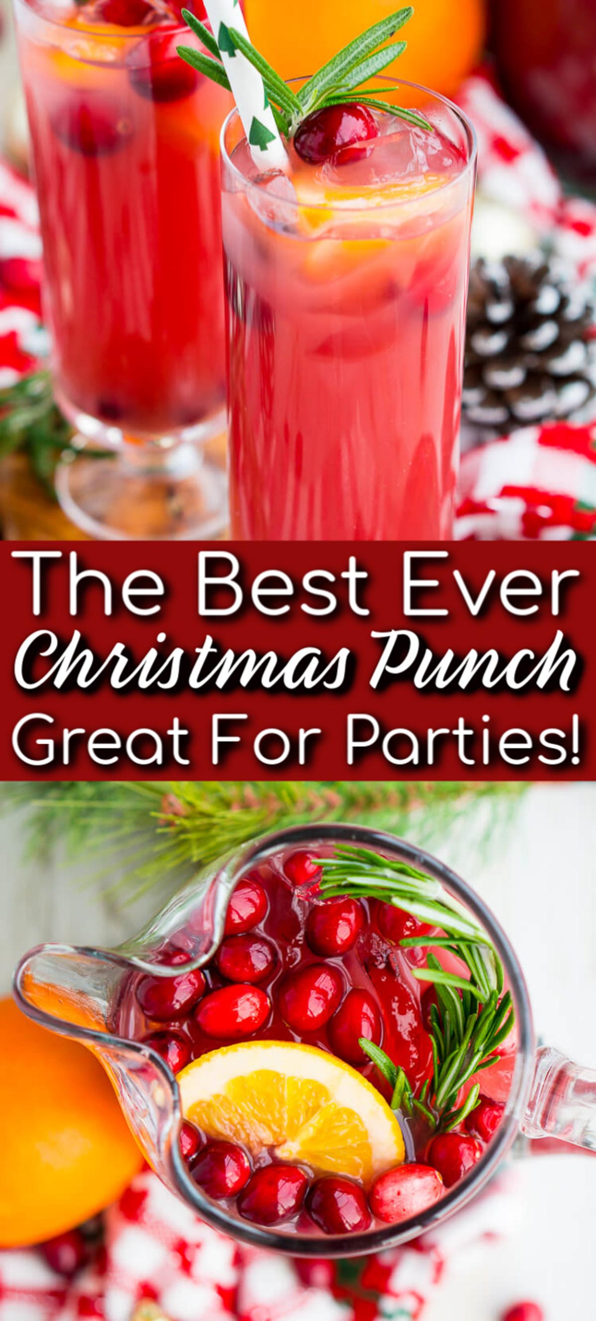 Christmas Punch is een eenvoudig en heerlijk feestdrankje vol met fruit zoals veenbessen, Sinaasappels en granaatappels. Houd het alcoholvrij of voeg rum of wodka toe voor extra vakantie spirit! via @sugarandsoulco