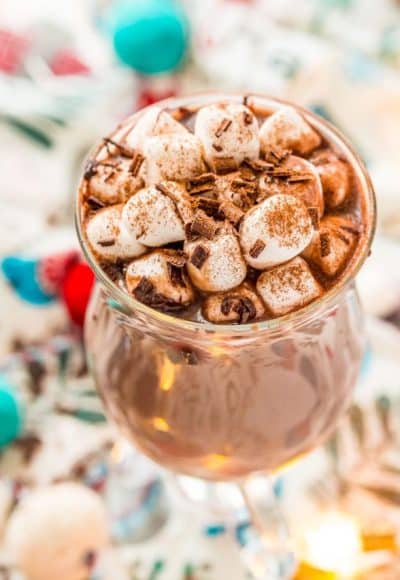 Close up image of a mug of hot chocolate.