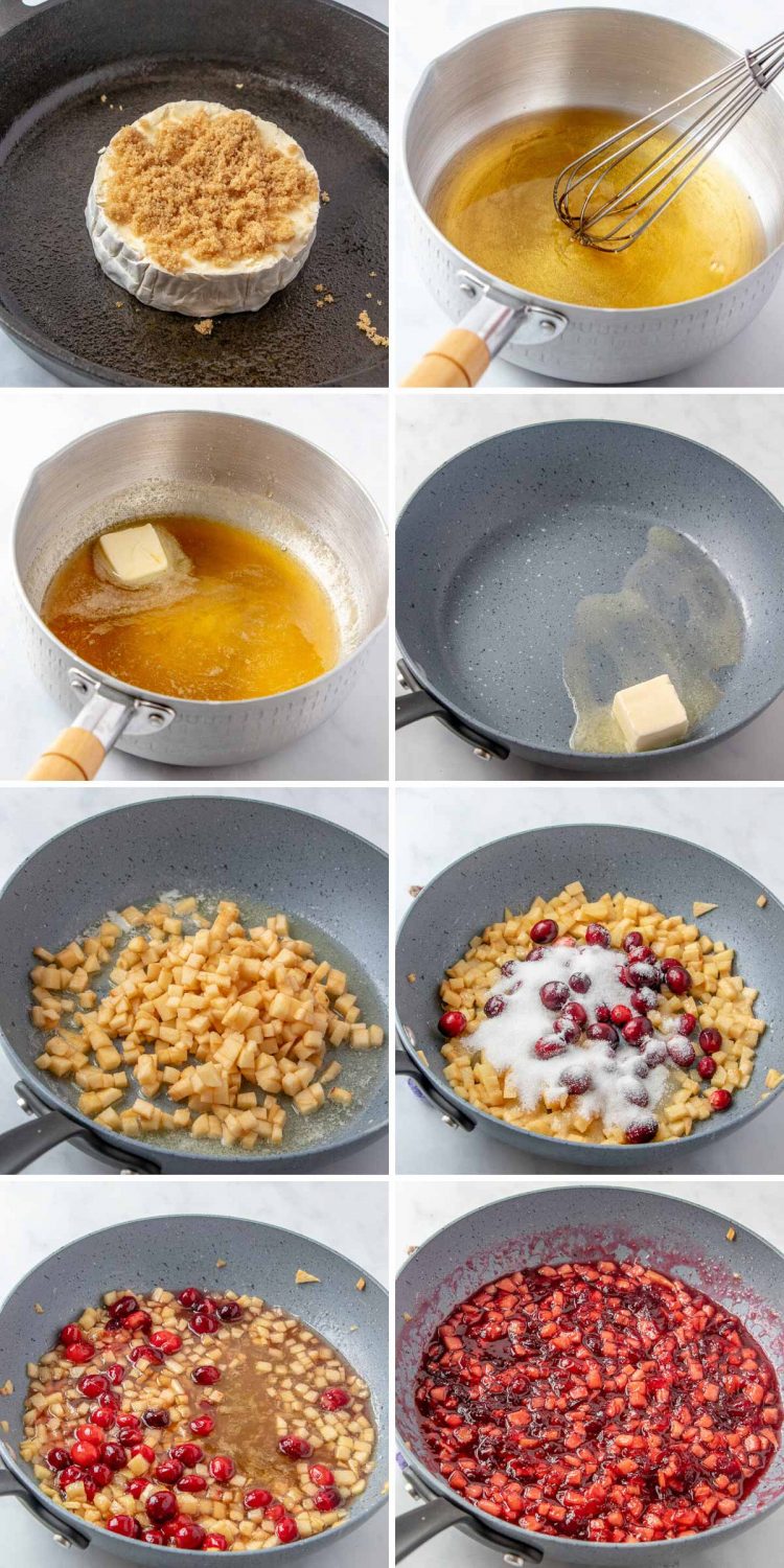 Step-by-step photo collage showing how to make baked brie with apple cranberry topping.