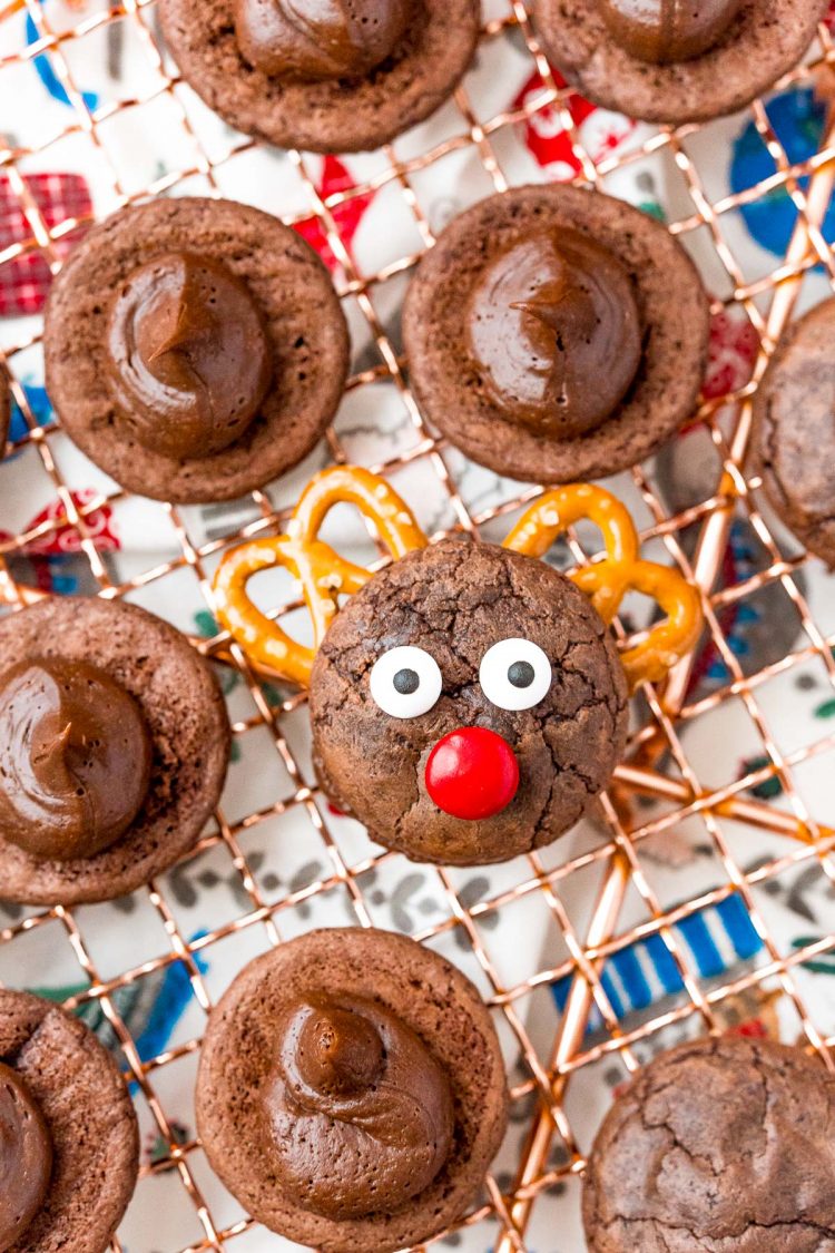 Reindeer cookies on a wire rack.