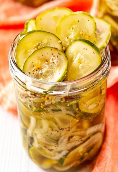 Bread and butter pickles in a mason jar.