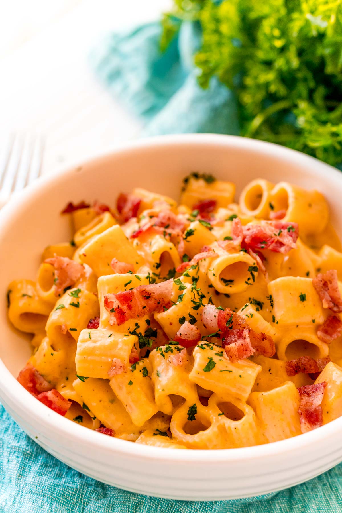 Close up photo of butternut squash mac and cheese topped with baco