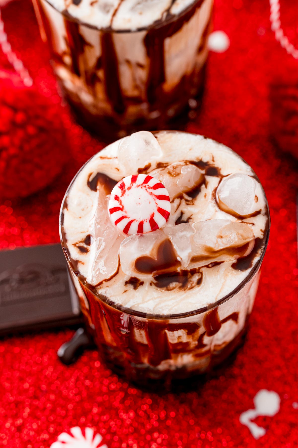 Close up photo of a chocolate peppermint white russian cocktail.