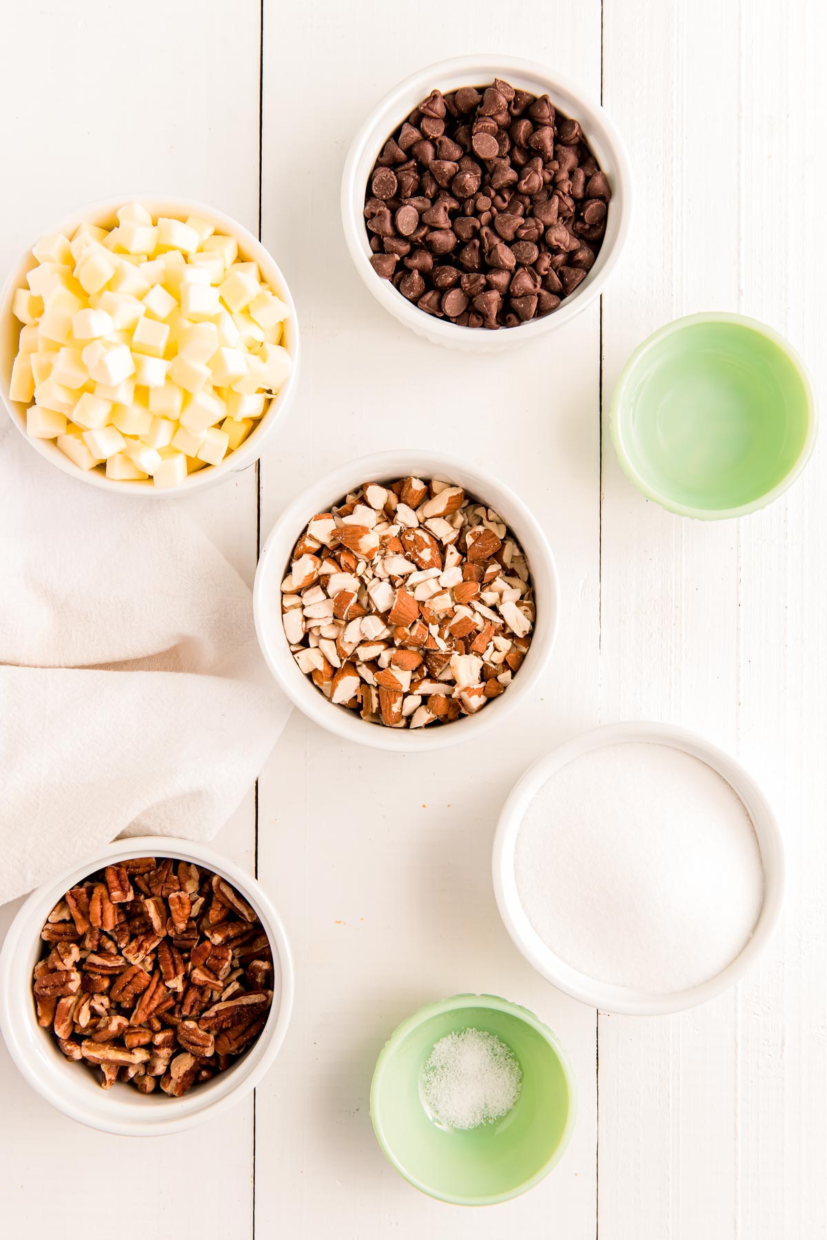 Overhead photo of prep bowls filled with the ingredients to make Butter Toffee.