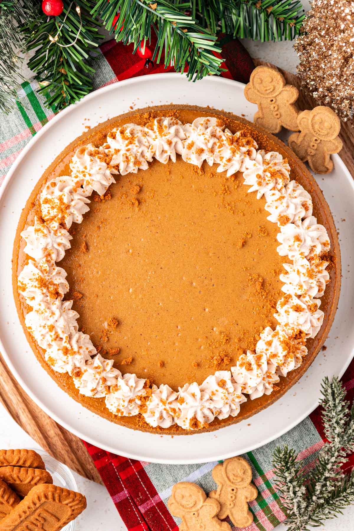 Overhead photo of a gingerbread cheesecake on a white cake stand.