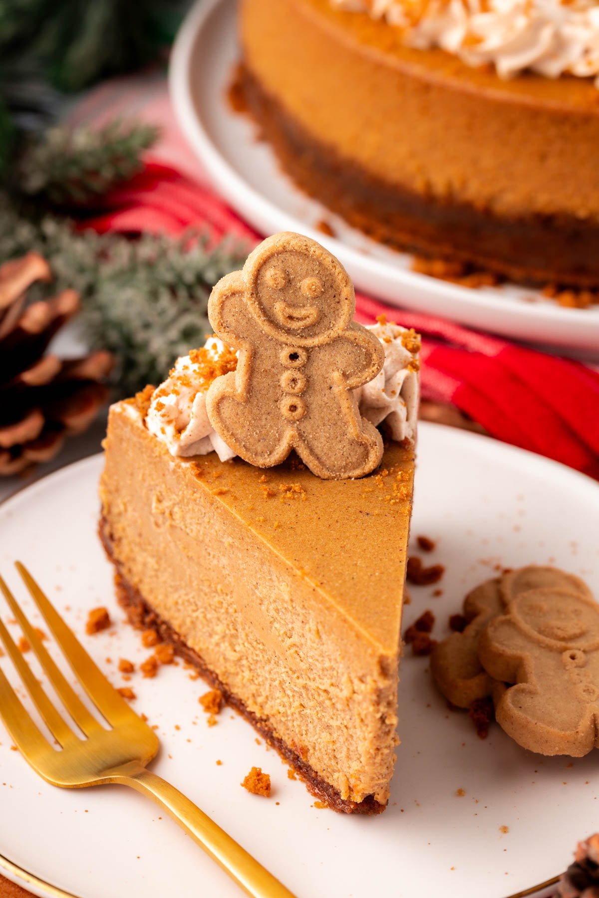 A slice of gingerbread cheesecake on a white plate.