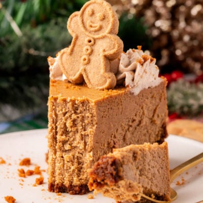 A slice of gingerbread cheesecake on a white plate with a bite taken out.