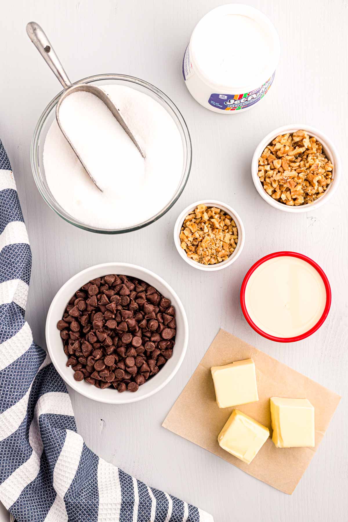 overhead photo of ingredients to make walnut chocolate fudge.