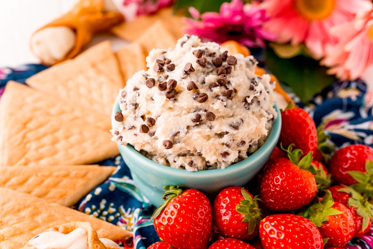 Close up photo of cannoli dip with chocolate chips in a teal bowl.