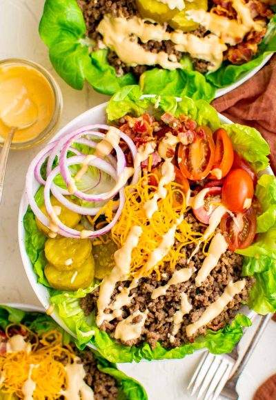 Overhead photo of a burger bowl.