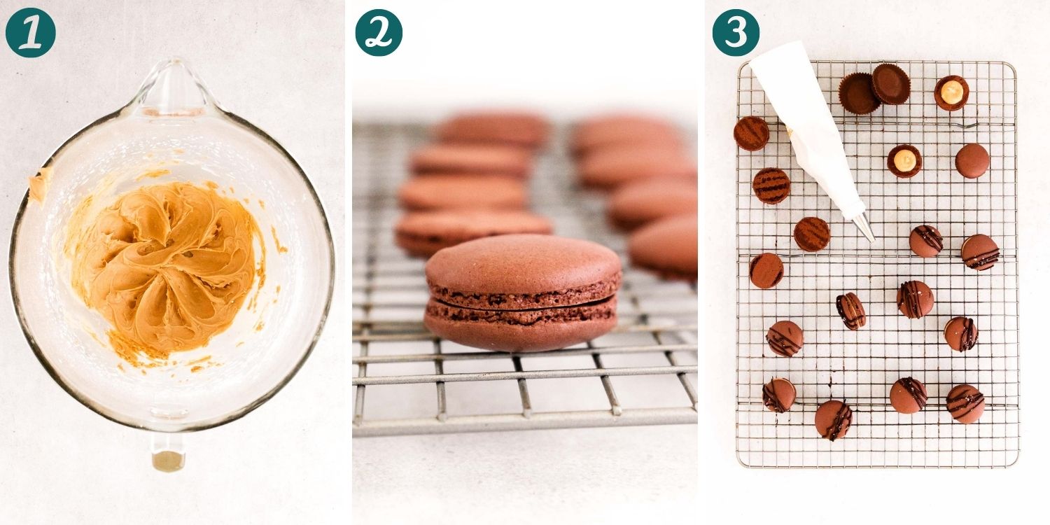 Step-by-step photo collage showing how to make macarons.