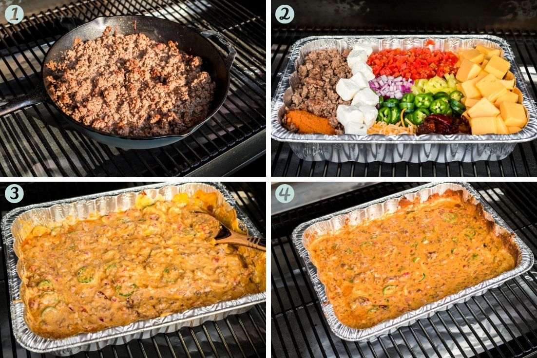 Step-by-step photo collage showing how to make smoked queso dip.