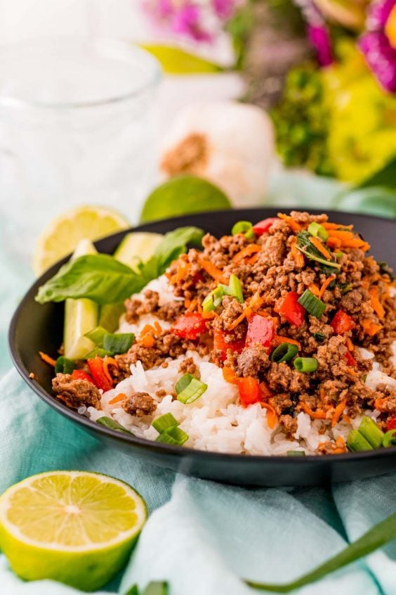 Thai Basil Beef Bowls (With Coconut Rice) - Sugar and Soul