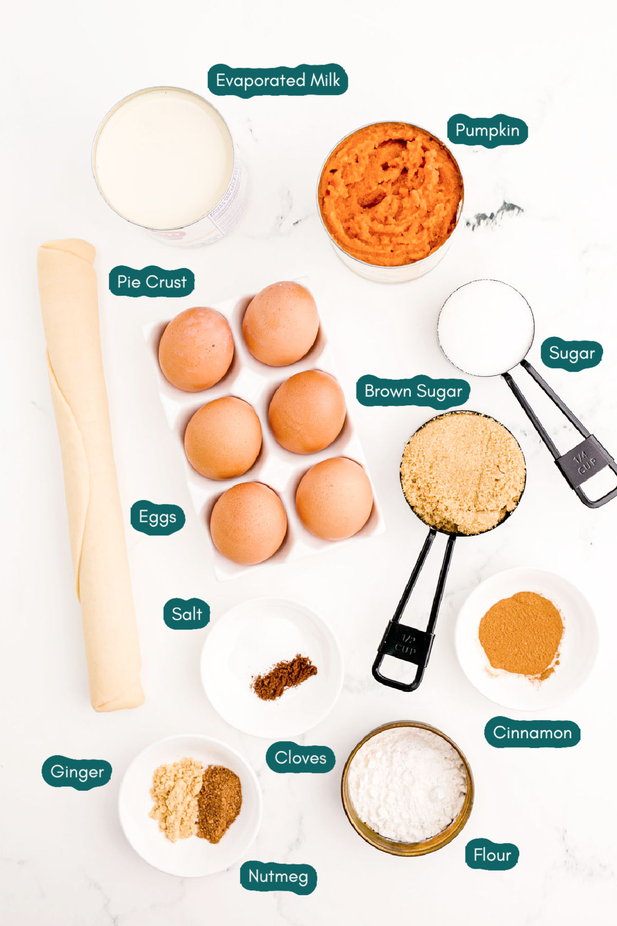 Overhead photo of ingredients prepared to make pumpkin pie in an air fryer.