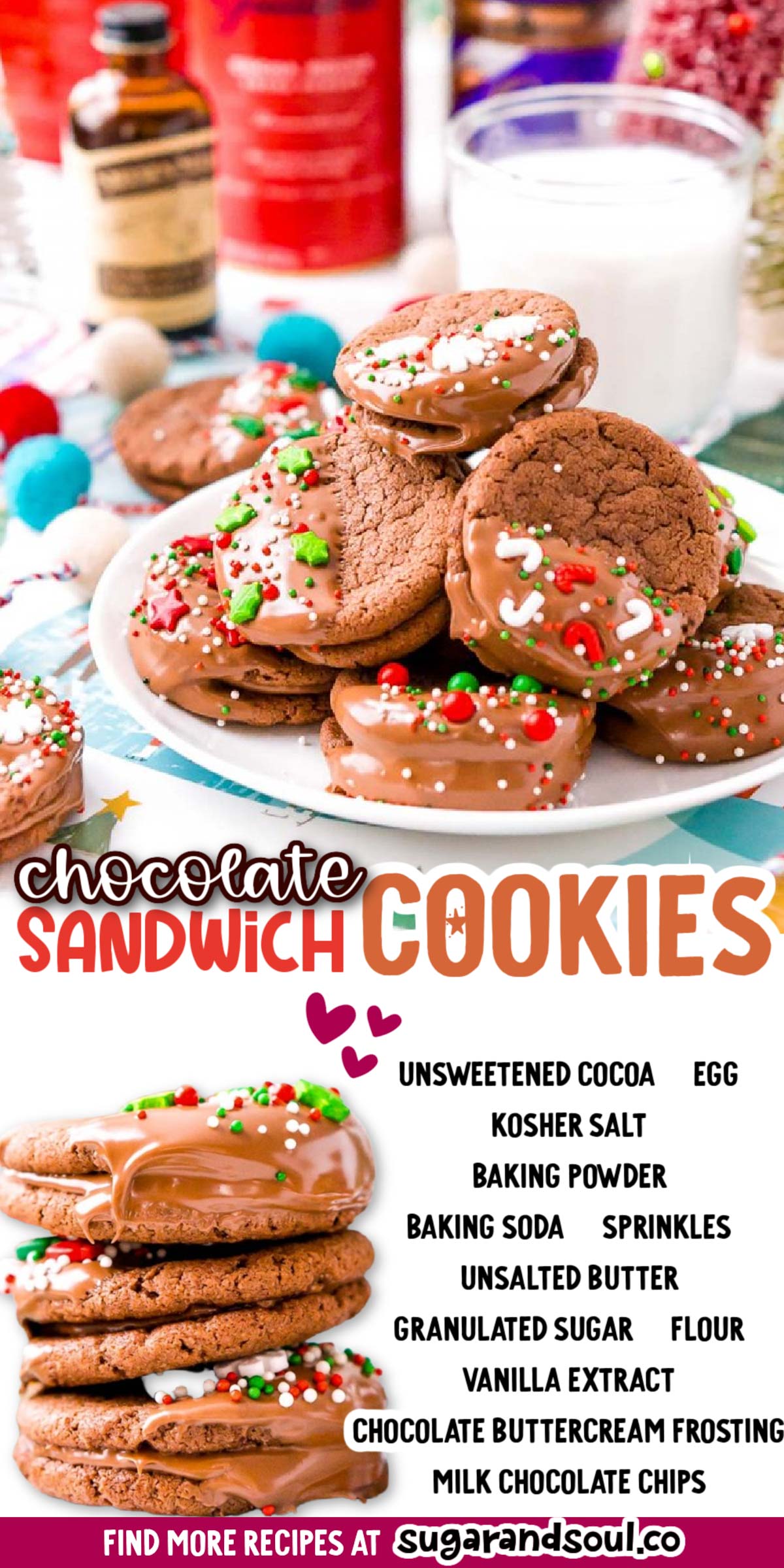 These Triple Chocolate Sandwich Cookies are bound to be a family favorite! These chocolate cookies are filled with chocolate frosting and then dipped in even more chocolate! via @sugarandsoulco