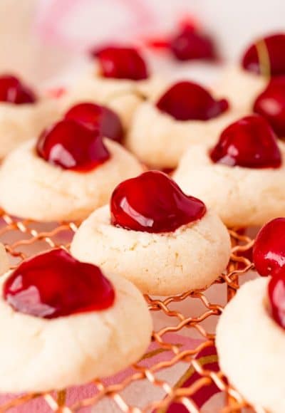 Close up photo of cherry cheesecake cookies.