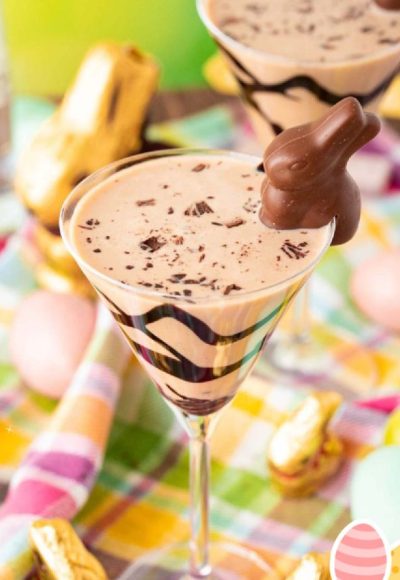 This Easter Bunny Martini has a chocolate drizzled glass that's filled with a smooth, rich cocktail and garnished with a chocolate bunny! Ready to enjoy in 5 minutes or less!