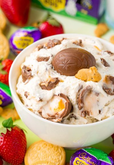 Close up photo of a bowl of cadbury creme egg dip.