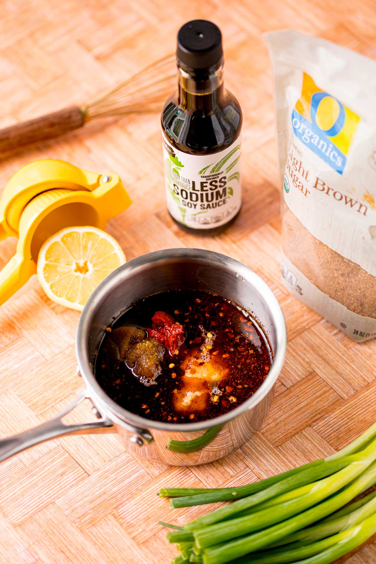 Korean BBQ Sauce being made in a small stainless steel pot.