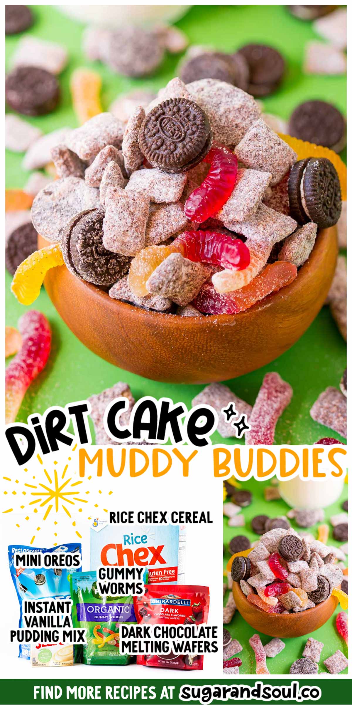 Dirt Cake Muddy Buddies are made with just 5 ingredients for an easy no-bake treat that's ready in minutes! Plus I'm sharing my secret ingredient that makes them oh so good! via @sugarandsoulco