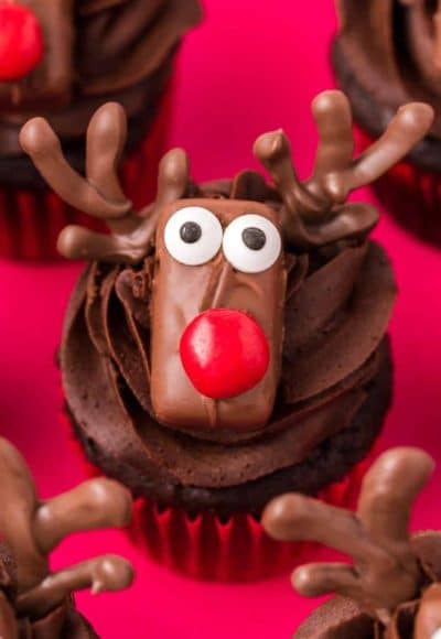 Close up of chocolate cupcakes decorated like reindeer.