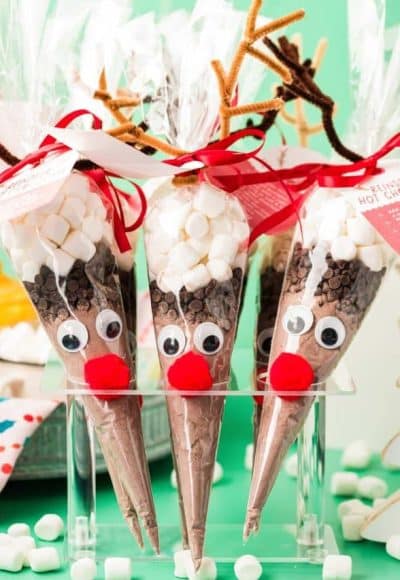 DIY Reindeer hot chocolate cones in an acrylic ice cream holder.