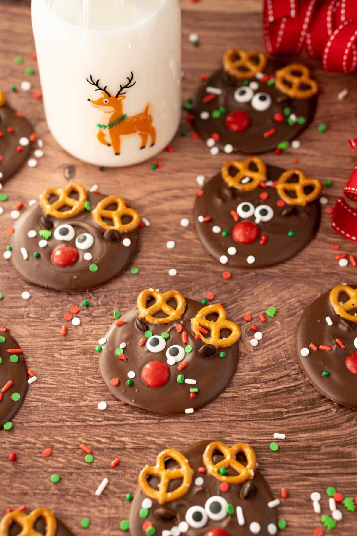 Reindeer Christmas Bark on a wooden table with sprinkles.