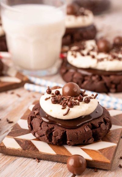 Chocolate Milkshake Cookie on a coaster.