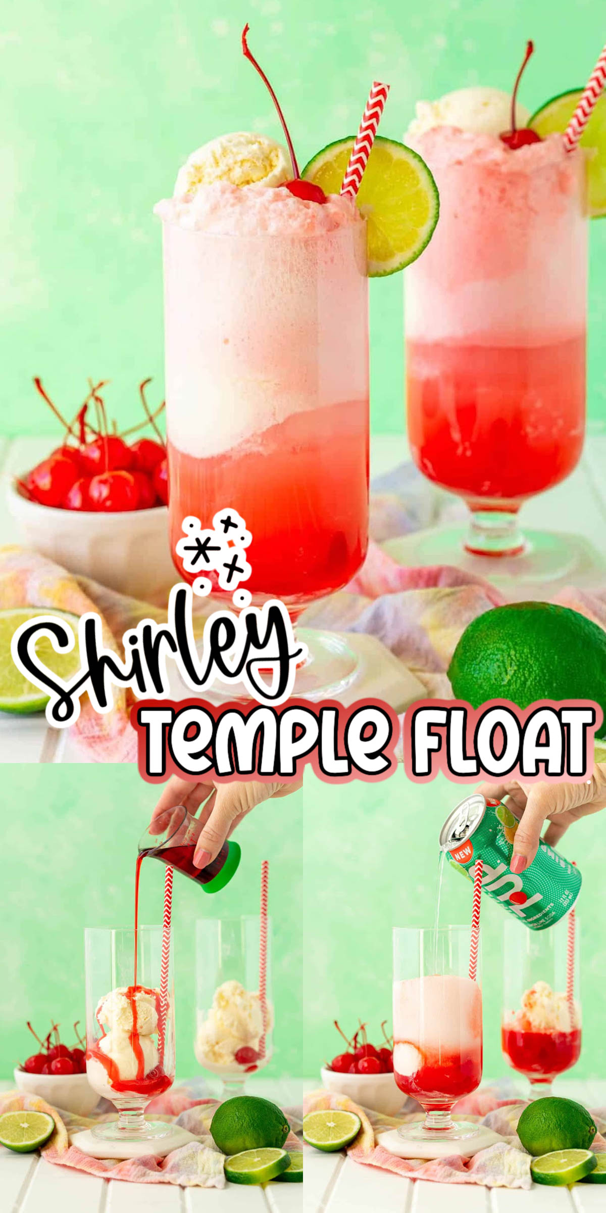 This Shirley Temple Float is a fun twist on the classic mocktail! Creamy vanilla ice cream is mixed with grenadine syrup and lemon-lime soda for a refreshingly sweet dessert beverage. via @sugarandsoulco