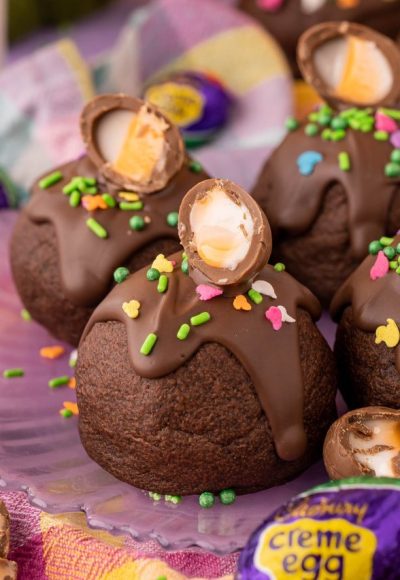 Cadbury Creme Egg Cookies on a purple plate.