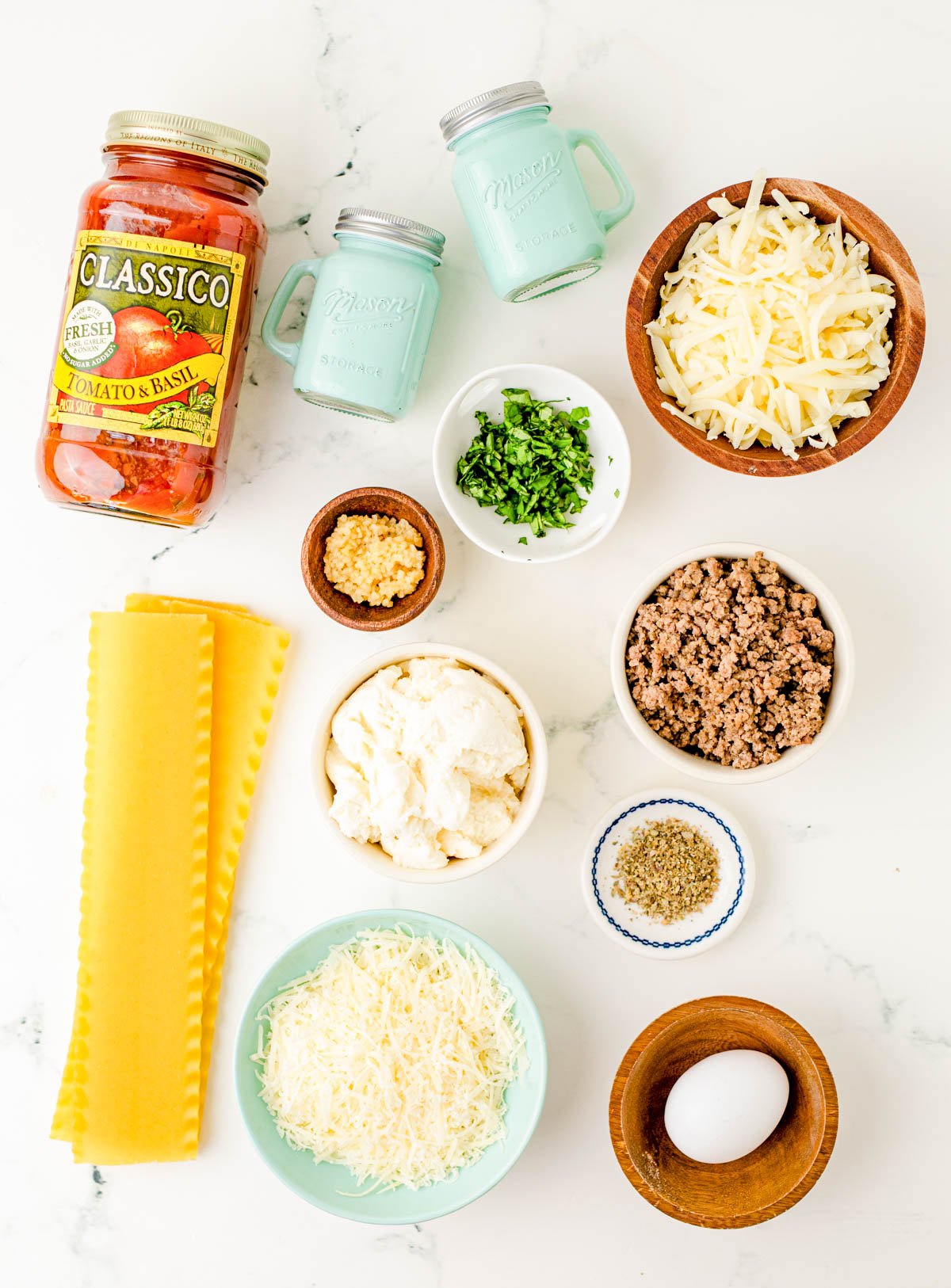 Overhead photo of ingredients to make lasagna roll-ups.