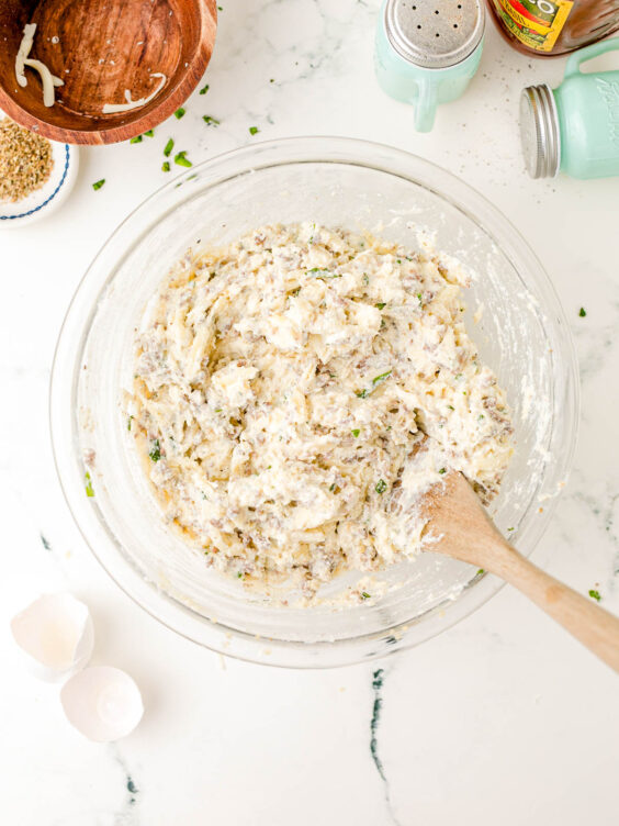 Ricotta and meat pasta filling mixture in a bowl